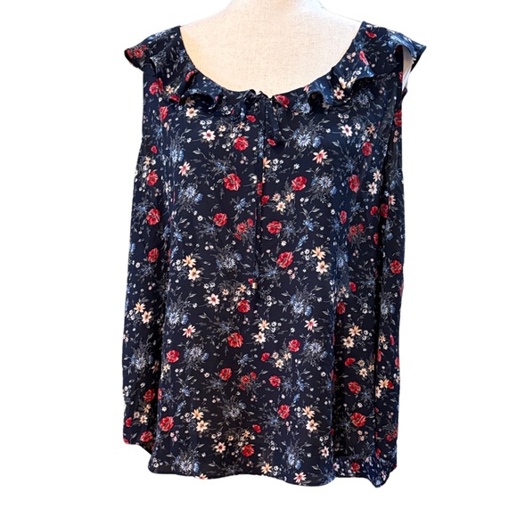 Navy Floral Ruffle Blouse - Picture 1 of 16